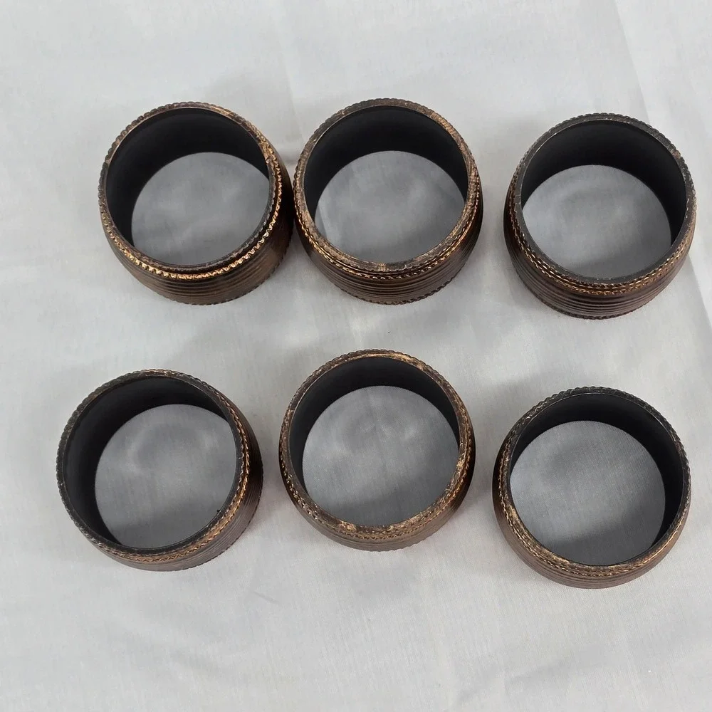 Set of 6 Bronze Tone Ribbed Napkin Rings Beaded Edge Industrial Farmhouse Style